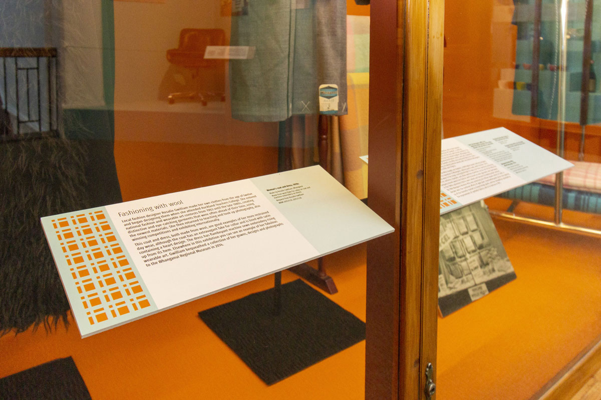 Whanganui Mūmū - Whanganui by Design display labels in glass cases.
